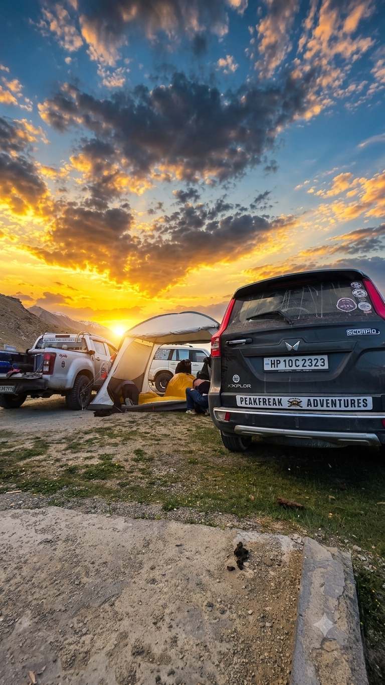 Overlanding vehicle parked beside a remote Himalayan road