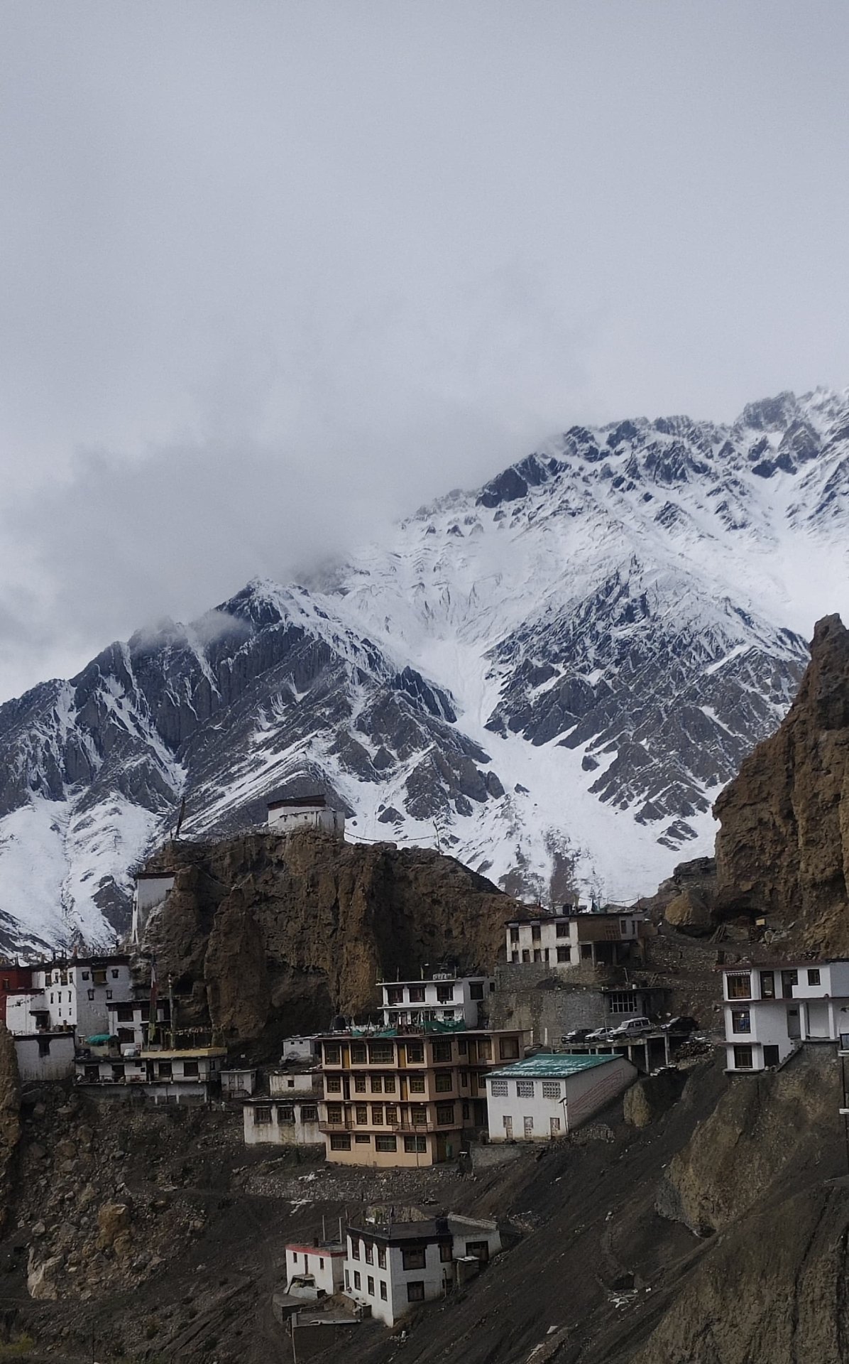 Himalayan monastery beneath snow peaks